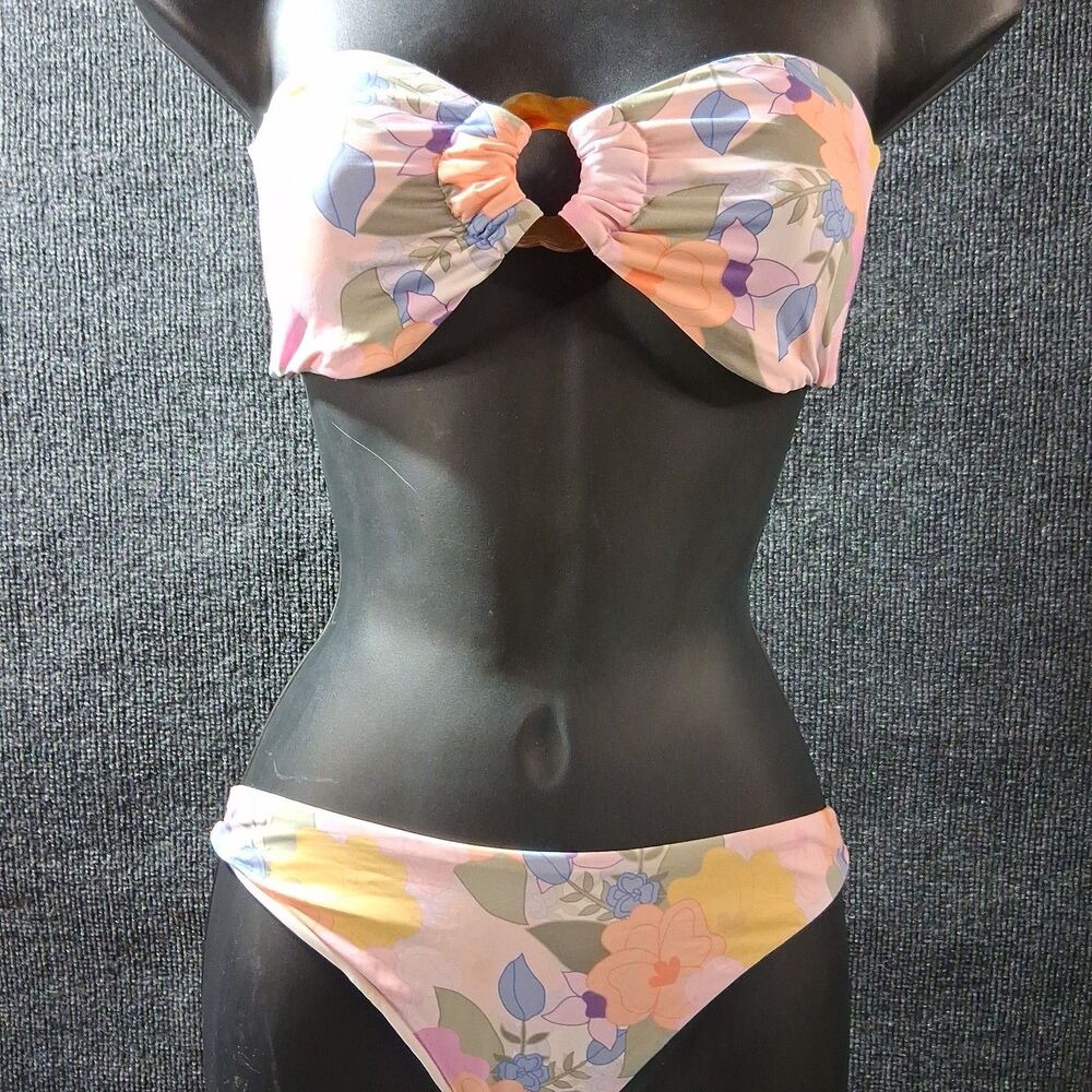 Dippin Daisys Floral Bandeau Ring Bikini Set Size Large Pink Pastel Swimwear